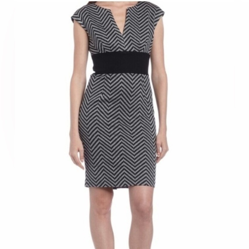 Trina Turk Black and Gray Wool Blend Sheath Lined Chevron Midi Dress